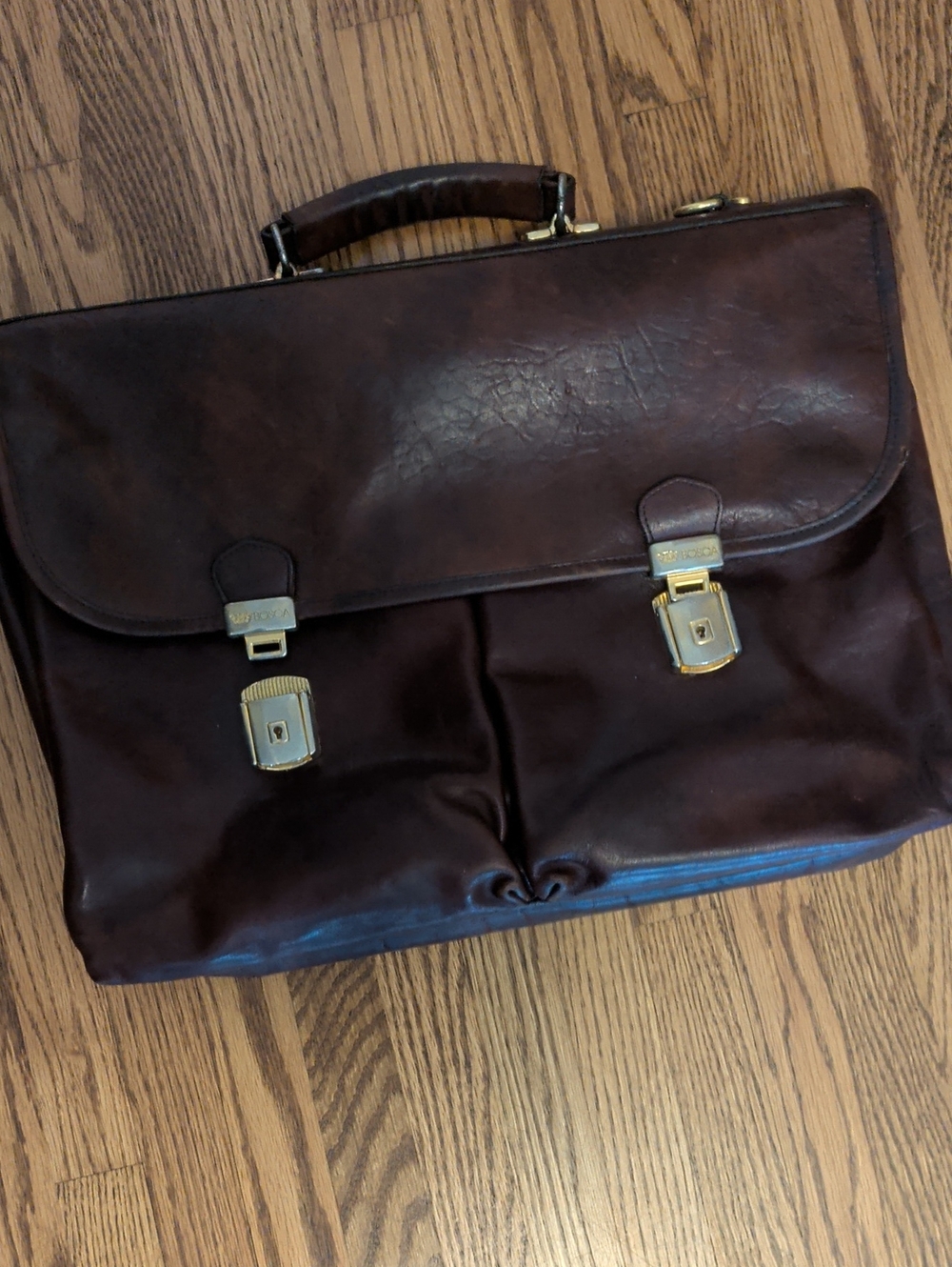 Bosca Dark Brown Leather Briefcase with Gold Hardware